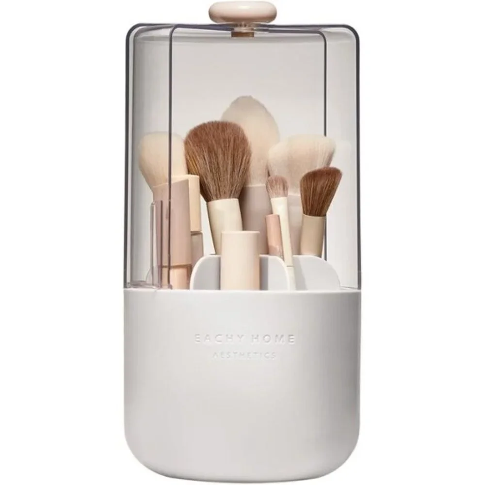 New 360° Rotating Makeup Brush Holder, Dustproof, 7-Compartment Vanity Organizer